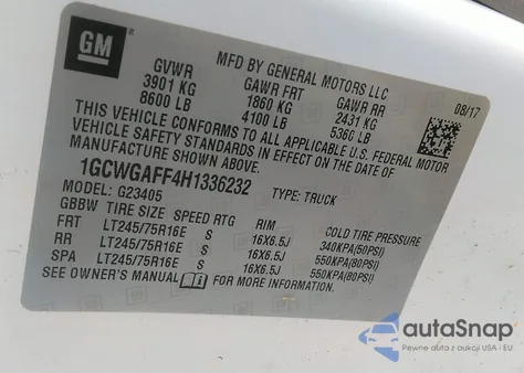 2017 Chevrolet Express 2500 Work Van from USA, damaged, VIN 1GCWGAFF4H1336232